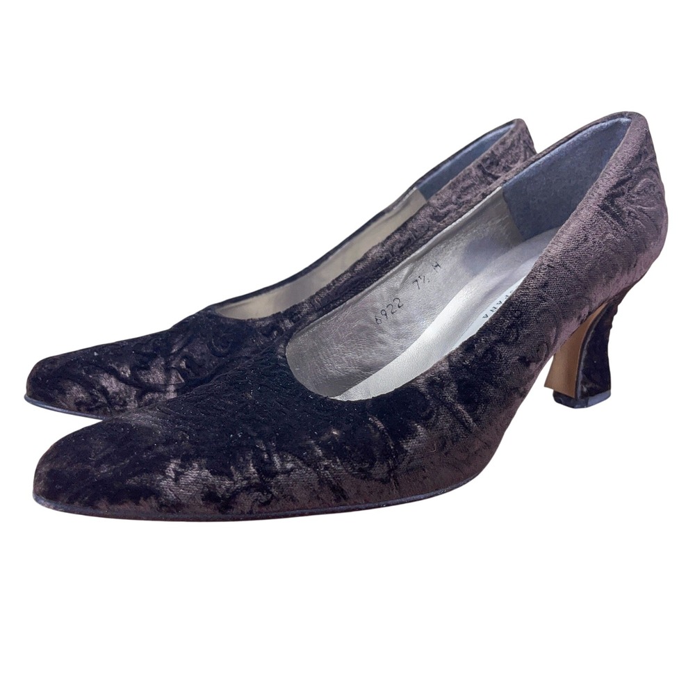 Cara Molina Brown Velvet Damask Pumps 7.5M Pointed Toe Kitten Heel Made in Spain